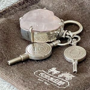 Vintage COACH Silver with Pink Faceted Quartz Heart & 2 Coach key charms.